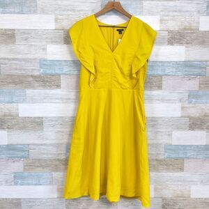 Ann Taylor Ruffle Sleeve Midi Flare Dress Yellow Linen Lyocell Casual Womens 8